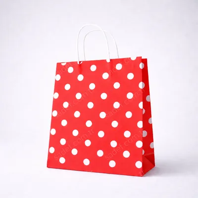 KIRMIZI PUANTİYELİ BÜKÜM SAPLI - ORTA BOY KAĞIT ÇANTA 25X31 CM 100 ADET